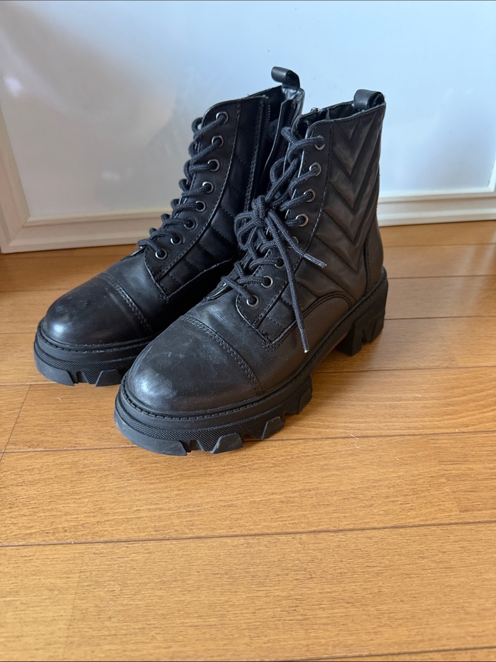 Aldo Black Quilted Lace-Up Platform Combat Boots
